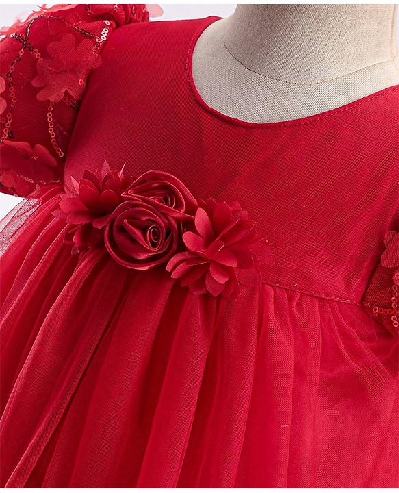 Babyhug Woven Puff Sleeves Fit and Flare Party Frock with Floral Corsage & Sequins - Red