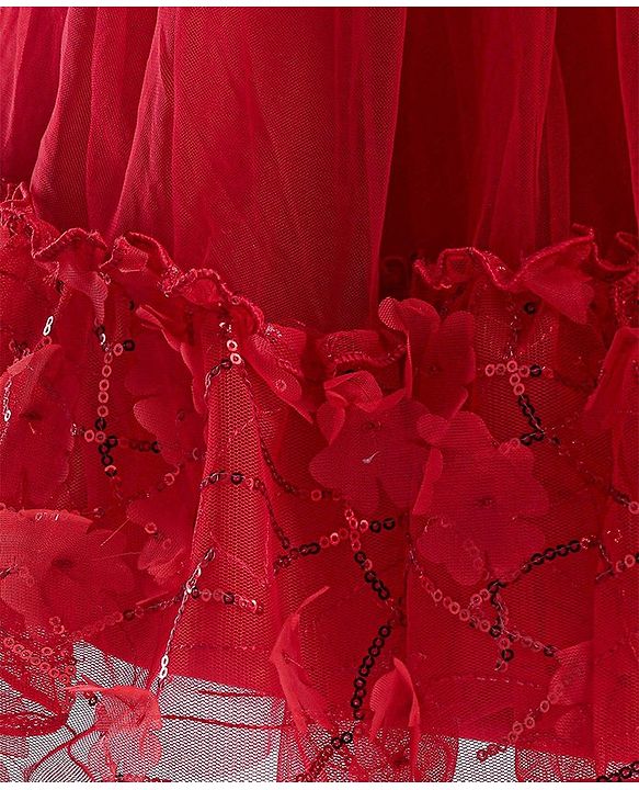 Babyhug Woven Puff Sleeves Fit and Flare Party Frock with Floral Corsage & Sequins - Red