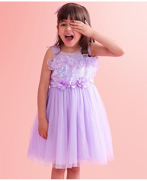 Babyhug Sleeveless Party Wear Fit and Flare Dress with Sequined Yoke and Corsage - Lavender