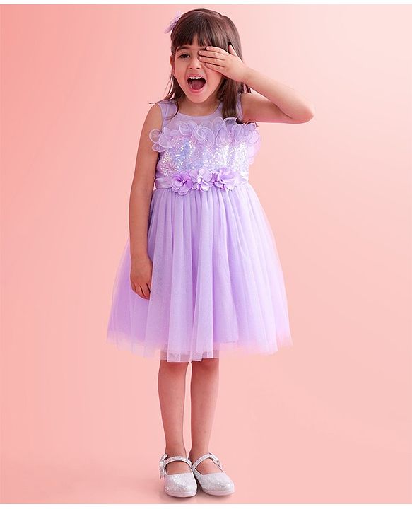 Babyhug Sleeveless Party Wear Fit and Flare Dress with Sequined Yoke and Corsage - Lavender