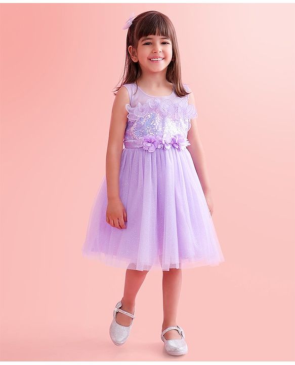 Babyhug Sleeveless Party Wear Fit and Flare Dress with Sequined Yoke and Corsage - Lavender
