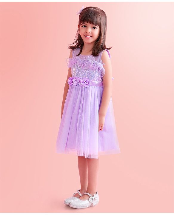 Babyhug Sleeveless Party Wear Fit and Flare Dress with Sequined Yoke and Corsage - Lavender