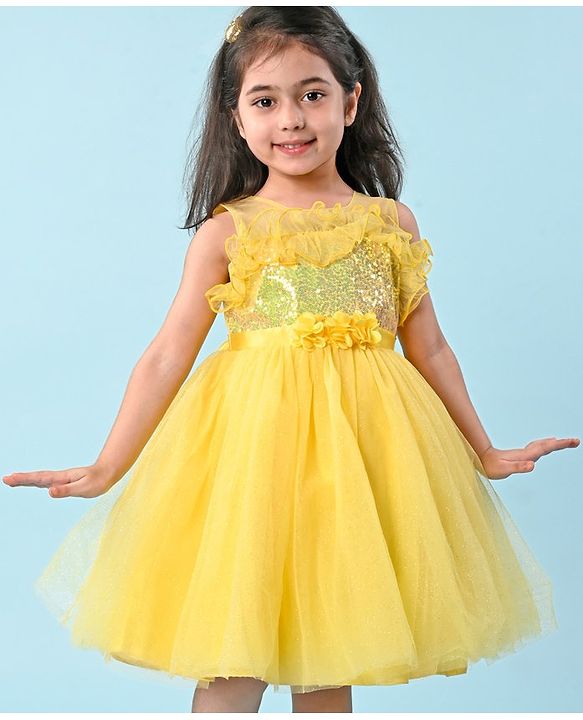 Babyhug Woven Sleeveless Party Wear Fit and Flare Dress with Sequined Yoke and Corsage - Lemon Yellow