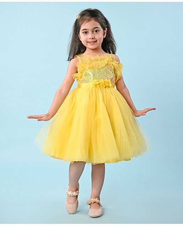 Babyhug Woven Sleeveless Party Wear Fit and Flare Dress with Sequined Yoke and Corsage - Lemon Yellow