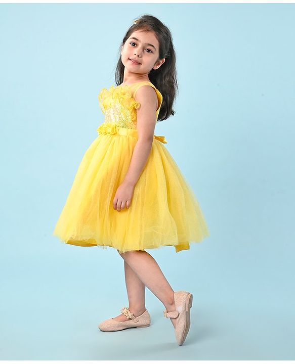 Babyhug Woven Sleeveless Party Wear Fit and Flare Dress with Sequined Yoke and Corsage - Lemon Yellow