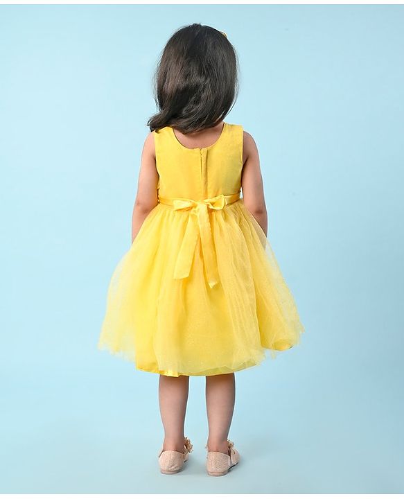 Babyhug Woven Sleeveless Party Wear Fit and Flare Dress with Sequined Yoke and Corsage - Lemon Yellow
