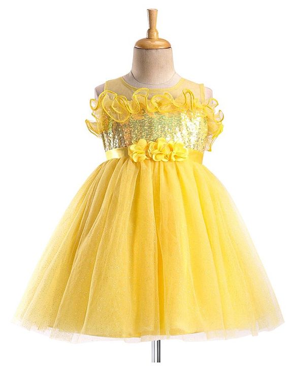 Babyhug Woven Sleeveless Party Wear Fit and Flare Dress with Sequined Yoke and Corsage - Lemon Yellow