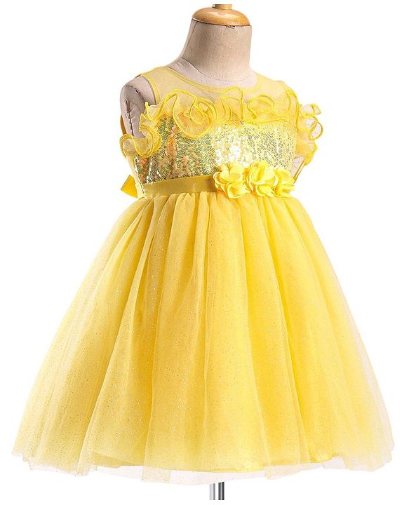 Babyhug Woven Sleeveless Party Wear Fit and Flare Dress with Sequined Yoke and Corsage - Lemon Yellow