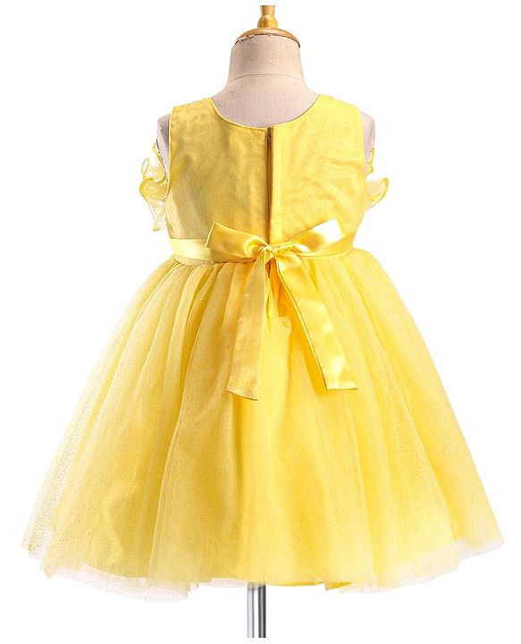 Babyhug Woven Sleeveless Party Wear Fit and Flare Dress with Sequined Yoke and Corsage - Lemon Yellow