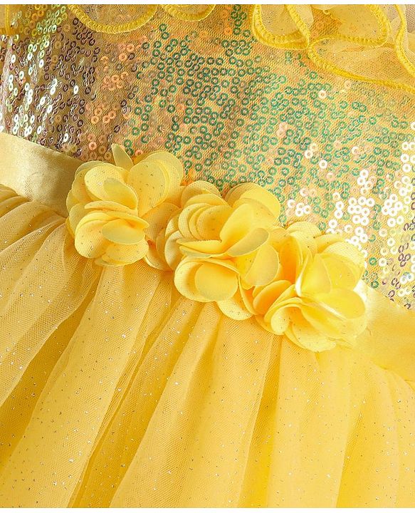 Babyhug Woven Sleeveless Party Wear Fit and Flare Dress with Sequined Yoke and Corsage - Lemon Yellow