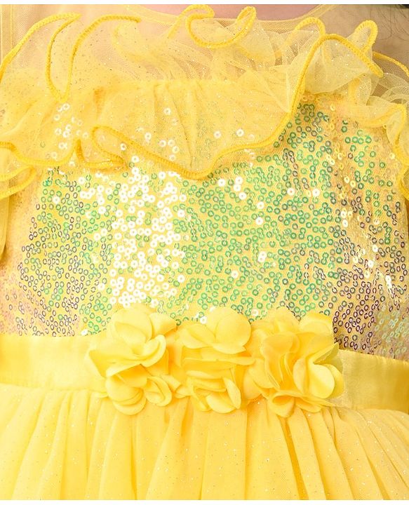 Babyhug Woven Sleeveless Party Wear Fit and Flare Dress with Sequined Yoke and Corsage - Lemon Yellow