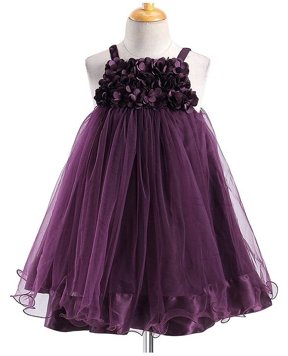 Babyhug Woven Singlet Sleeve Fit and Flare Party Frock with Floral Applique - Wine