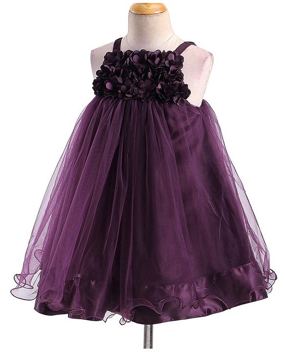 Babyhug Woven Singlet Sleeve Fit and Flare Party Frock with Floral Applique - Wine