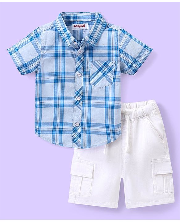 Babyhug 100% Cotton Knit Checkered Shirt & Shorts Set - Blue & White