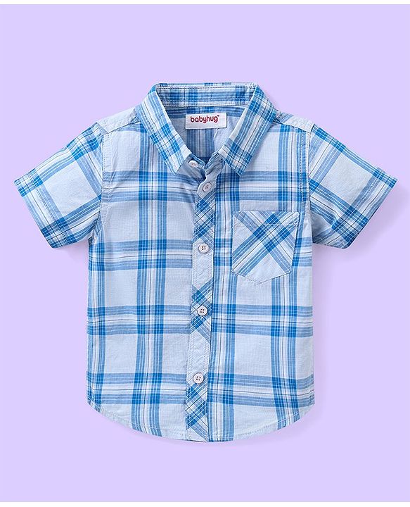 Babyhug 100% Cotton Knit Checkered Shirt & Shorts Set - Blue & White