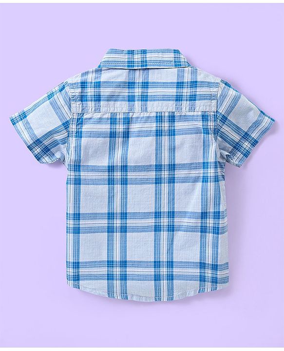Babyhug 100% Cotton Knit Checkered Shirt & Shorts Set - Blue & White