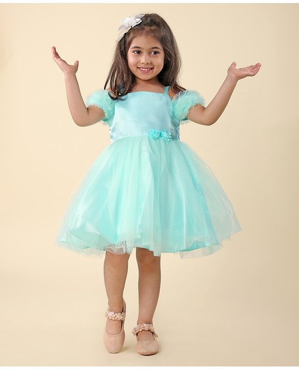 Babyhug Sleeveless Frill & Floral Detailing Solid Colour Fit & Flared Party Frock - Mint
