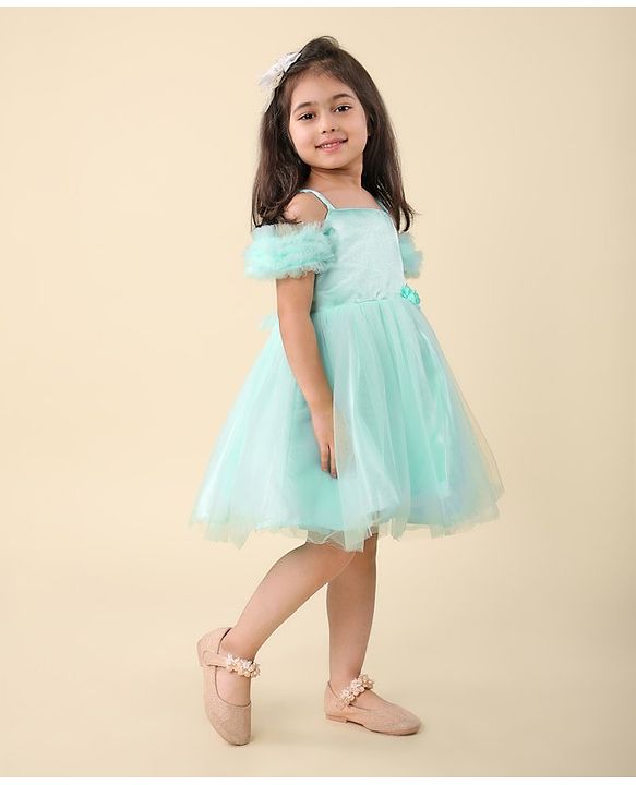 Babyhug Sleeveless Frill & Floral Detailing Solid Colour Fit & Flared Party Frock - Mint