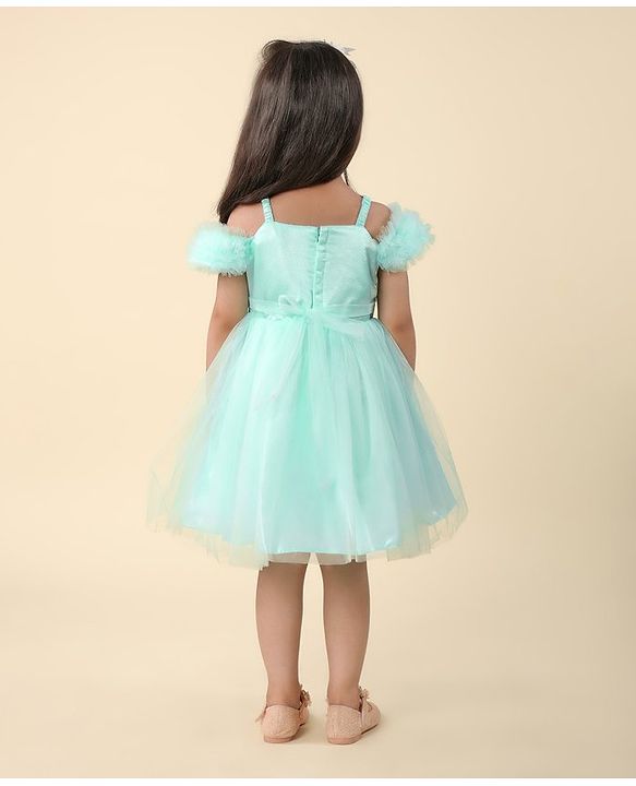 Babyhug Sleeveless Frill & Floral Detailing Solid Colour Fit & Flared Party Frock - Mint