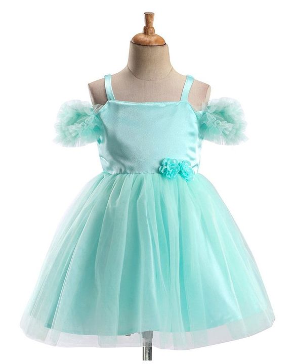 Babyhug Sleeveless Frill & Floral Detailing Solid Colour Fit & Flared Party Frock - Mint