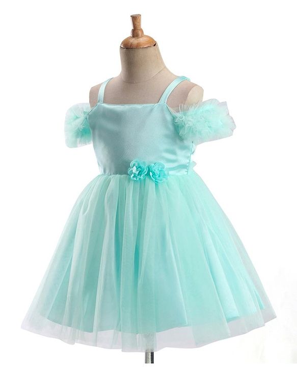Babyhug Sleeveless Frill & Floral Detailing Solid Colour Fit & Flared Party Frock - Mint