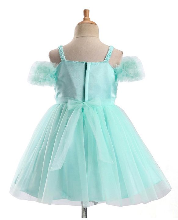 Babyhug Sleeveless Frill & Floral Detailing Solid Colour Fit & Flared Party Frock - Mint