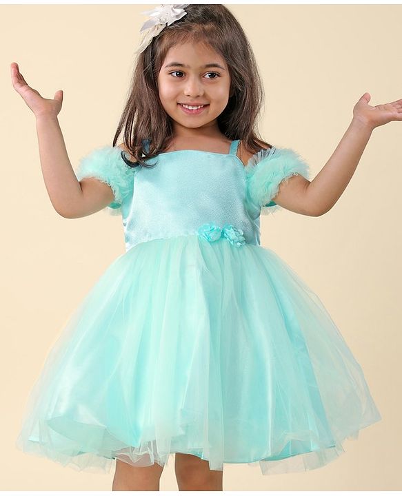 Babyhug Sleeveless Frill & Floral Detailing Solid Colour Fit & Flared Party Frock - Mint