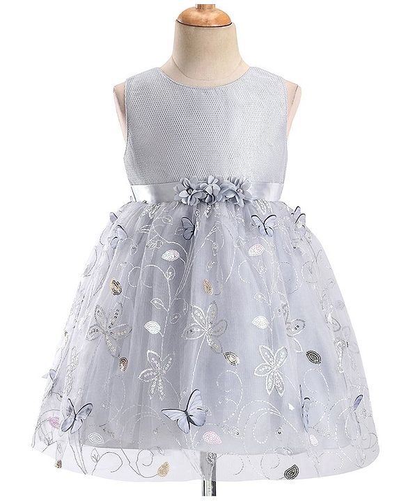 Babyhug Sleeveless Floral Embroidered & Corsage Detailing Fit & Flared Party Frock - Grey