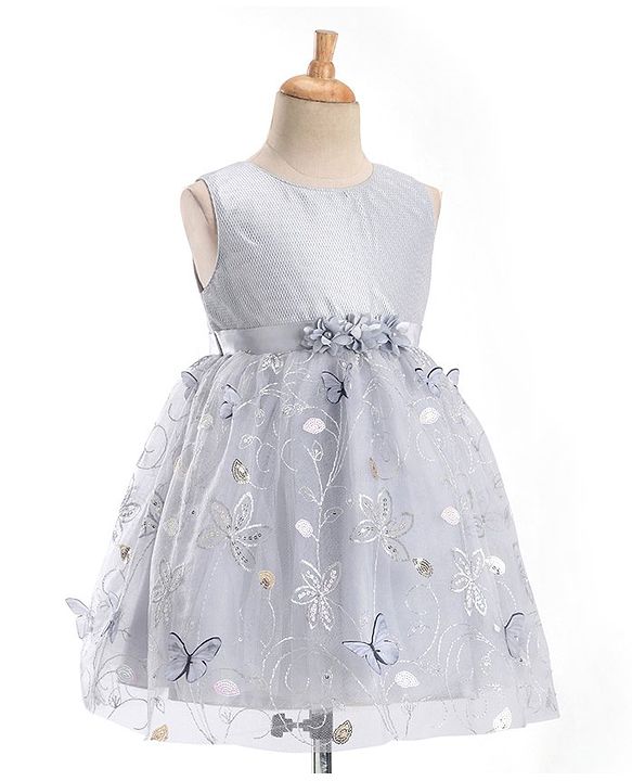 Babyhug Sleeveless Floral Embroidered & Corsage Detailing Fit & Flared Party Frock - Grey
