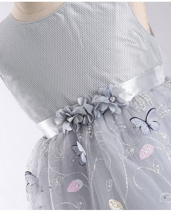 Babyhug Sleeveless Floral Embroidered & Corsage Detailing Fit & Flared Party Frock - Grey
