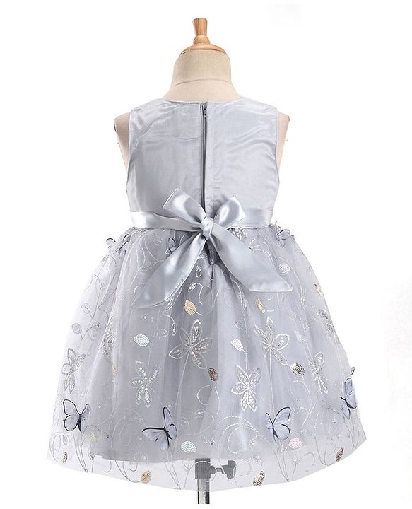 Babyhug Sleeveless Floral Embroidered & Corsage Detailing Fit & Flared Party Frock - Grey