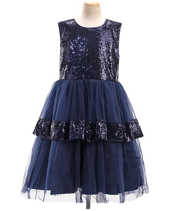 Pine Kids Woven Sleeveless Layered Party Dress with Sequin Detailing - Navy Blue