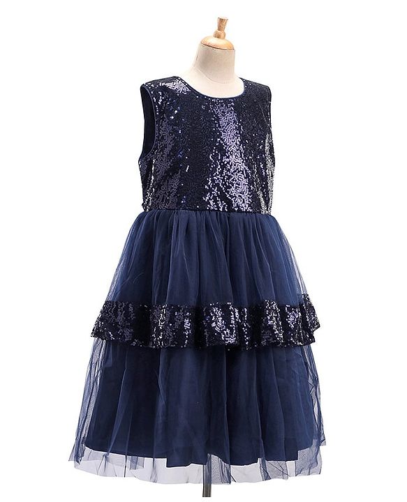 Pine Kids Woven Sleeveless Layered Party Dress with Sequin Detailing - Navy Blue