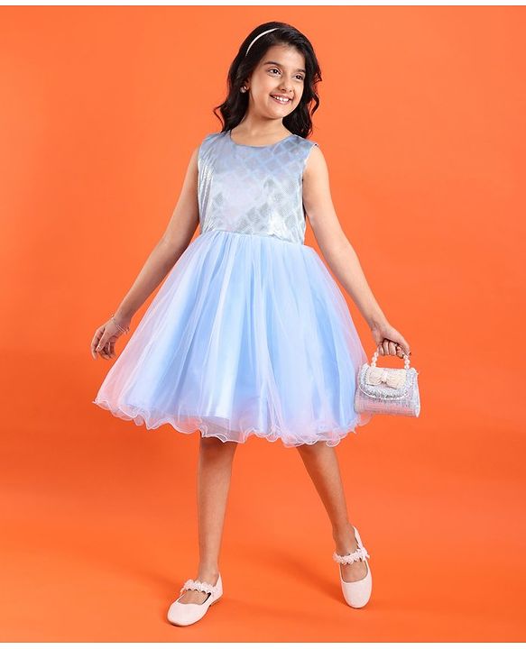 Pine Kids Sleeveless Shimmery Flared Party Frock - Light Blue