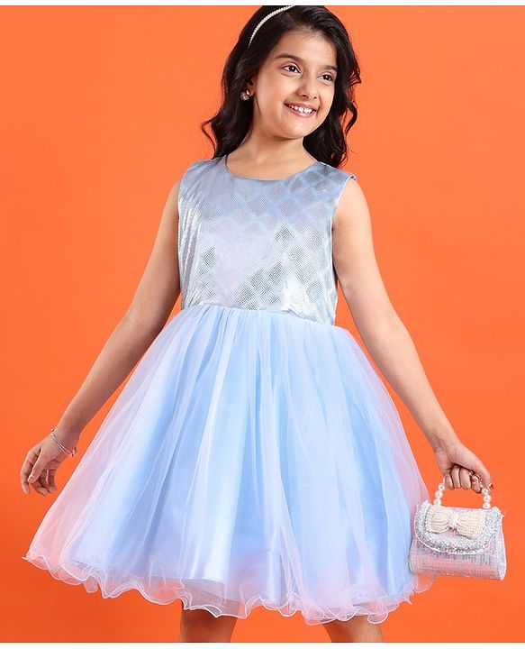 Pine Kids Sleeveless Shimmery Flared Party Frock - Light Blue