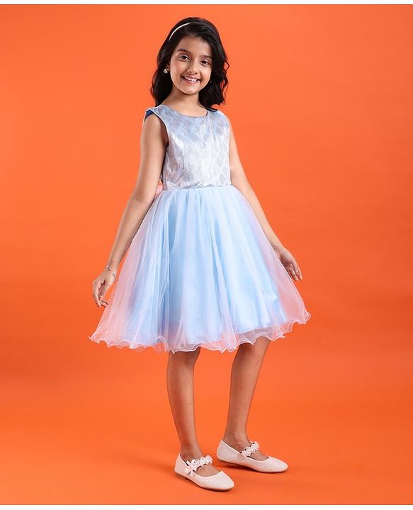 Pine Kids Sleeveless Shimmery Flared Party Frock - Light Blue
