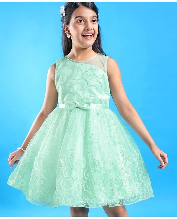 Pine Kids Sleeveless Moon & Floral Embroidered with Bow Applique Party Frock - Sea Green