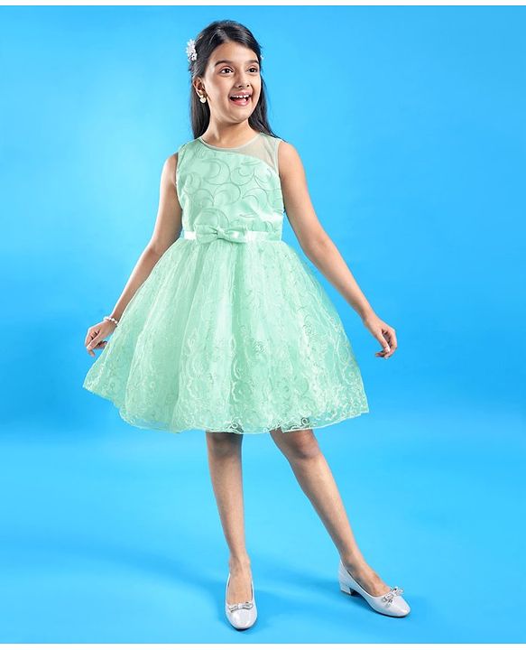 Pine Kids Sleeveless Moon & Floral Embroidered with Bow Applique Party Frock - Sea Green