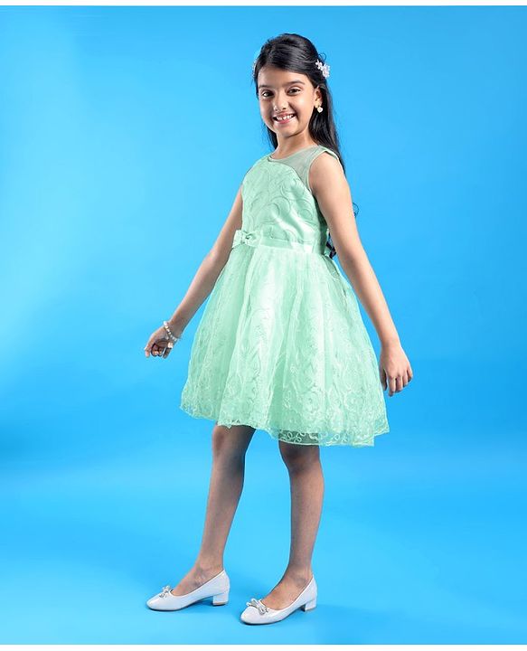 Pine Kids Sleeveless Moon & Floral Embroidered with Bow Applique Party Frock - Sea Green