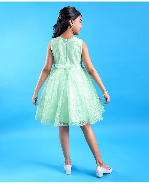 Pine Kids Sleeveless Moon & Floral Embroidered with Bow Applique Party Frock - Sea Green