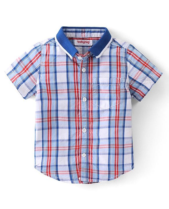 Babyhug Cotton Knit Half Sleeves Regular Collar Checkered Shirt & Denim Shorts Set - Multicolor