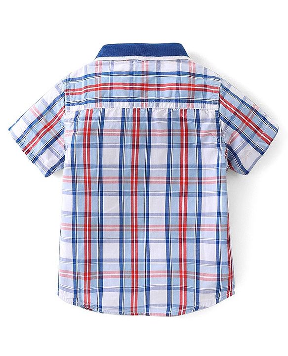 Babyhug Cotton Knit Half Sleeves Regular Collar Checkered Shirt & Denim Shorts Set - Multicolor