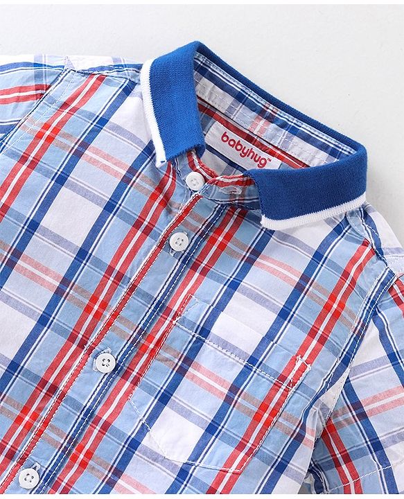 Babyhug Cotton Knit Half Sleeves Regular Collar Checkered Shirt & Denim Shorts Set - Multicolor