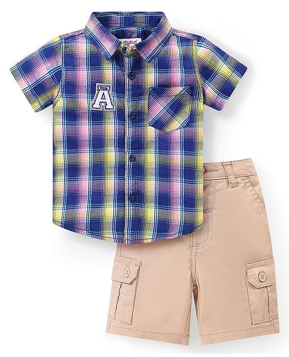 Babyhug Cotton Woven Half Sleeves Checkered Shirt And Shorts Set - Blue & Beige