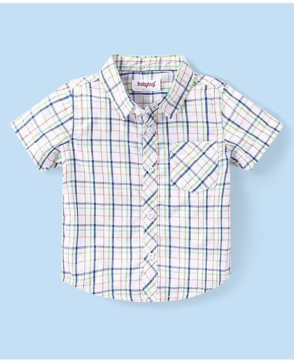 Babyhug Cotton Woven Half Sleeves Checks Shirt & Denim Shorts Set - White & Navy Blue