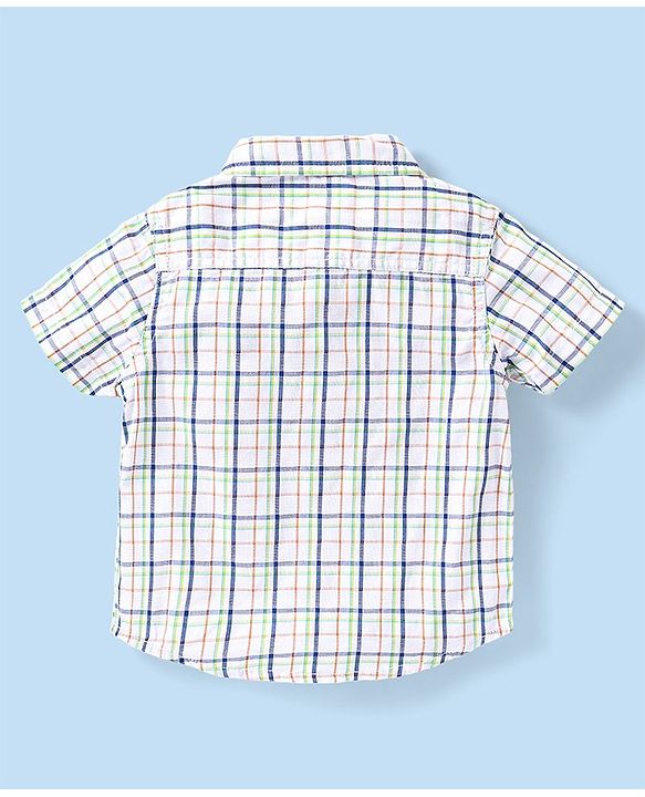 Babyhug Cotton Woven Half Sleeves Checks Shirt & Denim Shorts Set - White & Navy Blue