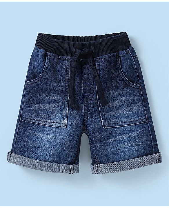 Babyhug Cotton Woven Half Sleeves Checks Shirt & Denim Shorts Set - White & Navy Blue