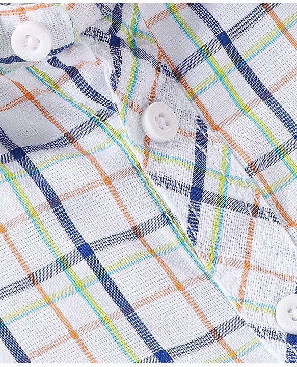 Babyhug Cotton Woven Half Sleeves Checks Shirt & Denim Shorts Set - White & Navy Blue