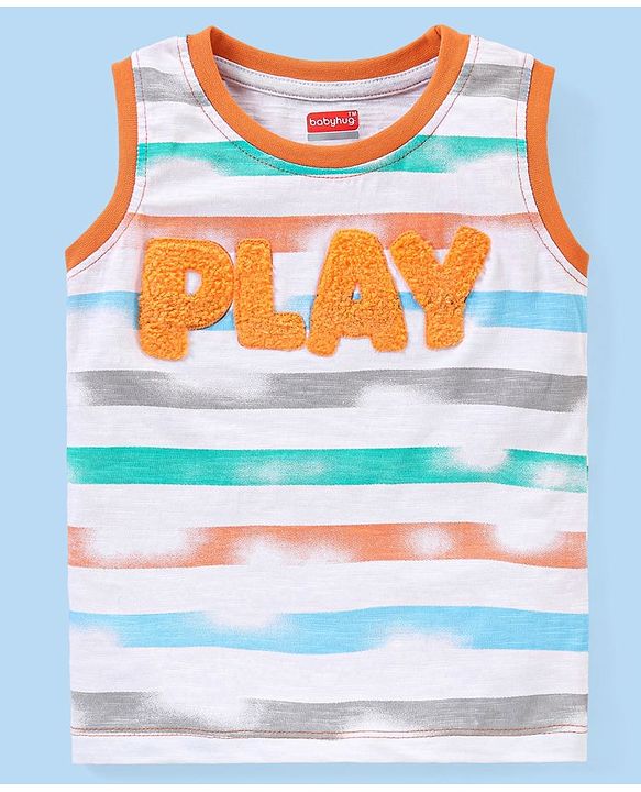 Babyhug Cotton Sleeveless Striped T-Shirt With Text Embroidery - Multicolor