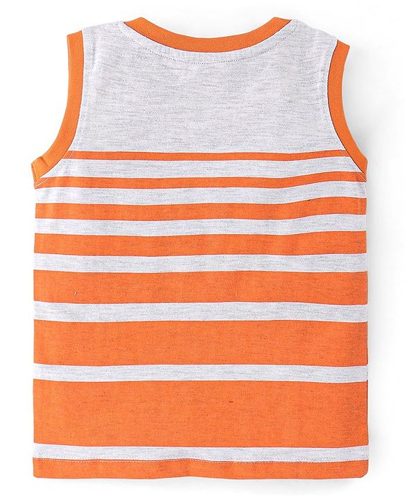 Babyhug Cotton Knit Sleeveless Striped T-Shirt with Headphone Print - Orange